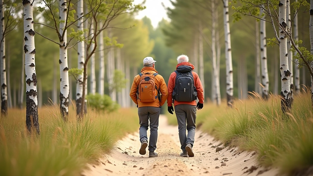 Senioris hikers apburt uz smilšu ceļa, bērzu koku vidū